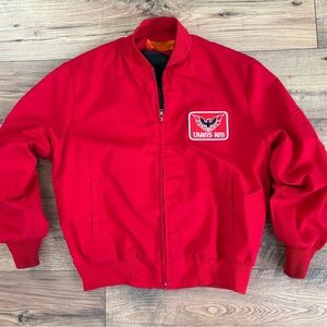 Vintage Red Bomber Jacket Mens Size L Cintas Workwear Tran am Patches